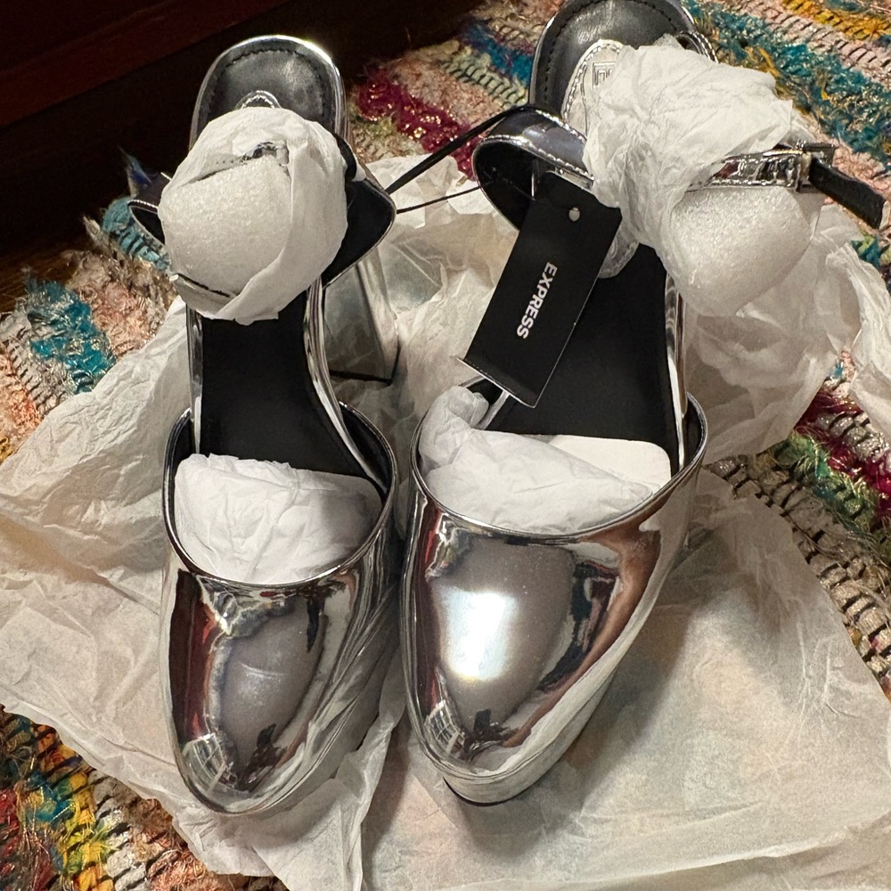 Express Metallic Silver Platform Heels